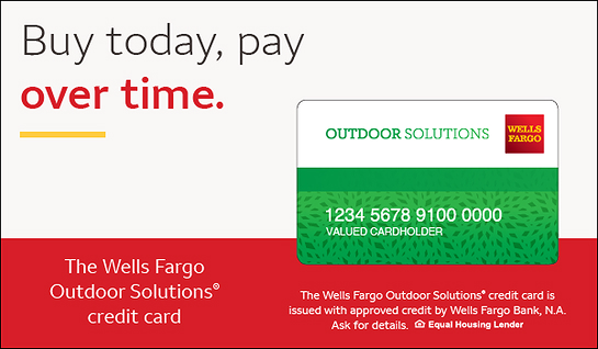 Promotional ad for Wells Fargo Outdoor Solutions credit card with message 'Buy today, pay over time' and a green card image on a red background.
